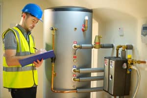 Professional worker installing water heater