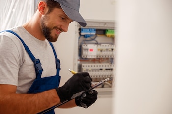 electrician writing on checklist during electrical inspection after upgrading electrical panel