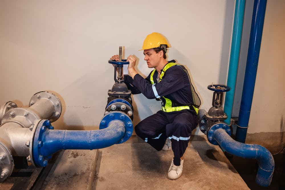 Plumber inspecting huge pipes in commercial building