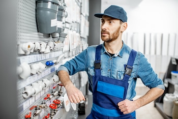 plumber looking at different sizes of pipes